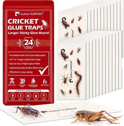 LULUCATCH Cricket Insect Glue Traps - 6 Pack Bug Cockroach Sticky Traps, Large Spider Trap with Pre-Baited Attractant, Highly Effective Glue Boards Indoor, Non-Toxic Pet Safe, Easy to Use