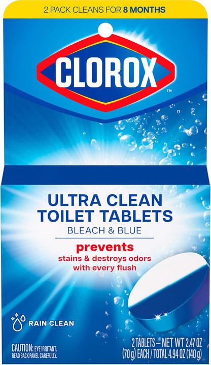 Clorox Ultra Clean Toilet Tablets Bleach & Blue, Rain Clean Scent, 2.47 Ounces Each, 4 Count (Package May Vary)