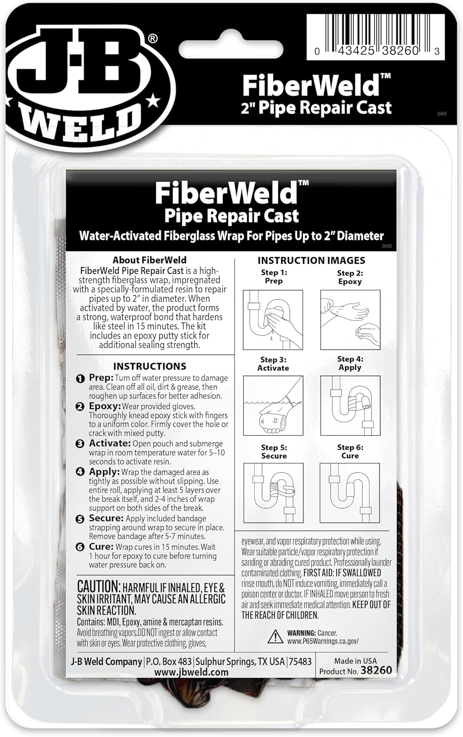 J-B Weld FiberWeld 2” Pipe Repair Cast 2x60 Inch - High Strength Adhesive Fiberglass Wrap - White (38260)