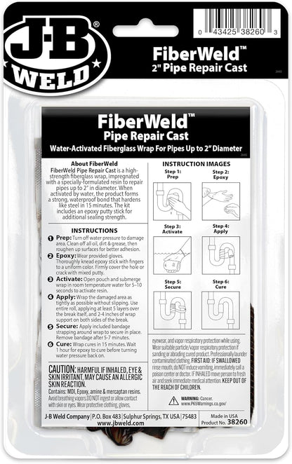 J-B Weld FiberWeld 2” Pipe Repair Cast 2x60 Inch - High Strength Adhesive Fiberglass Wrap - White (38260)