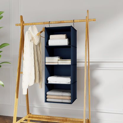Hanging Closet Organizer 3-Shelf, Oxford Fabric Wardrobe Storage, Gray | Easy-mount foldable design holds clothes, handbags, shoes & accessories; washable Oxford fabric, sturdy and space-saving.