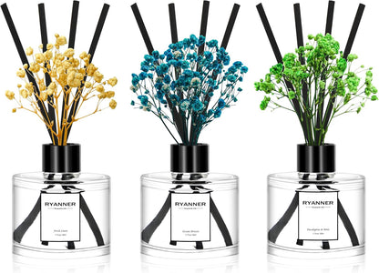 Reed Diffuser Set of 3 Pack,Lavender Eucalyptus/White Jasmine/Lemongrass Scented Oil Diffuser with 24 Sticks(1.7 fl oz Each Pack),Air Freshener for Bedroom Bathroom Office | Shelf Decor
