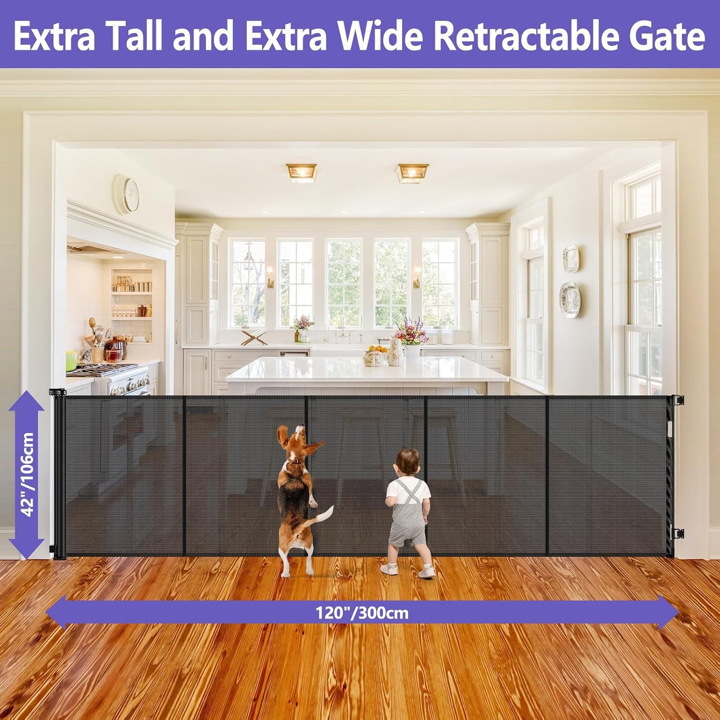 Newly Enhanced - 42" Tall × 120" Extra Wide Retractable Baby Gate Keeps Pets from Getting Under Tall Dog Gate, Indoor/Outdoor Baby Gates for Dogs, Retractable Dog Gate for Large Openings, White