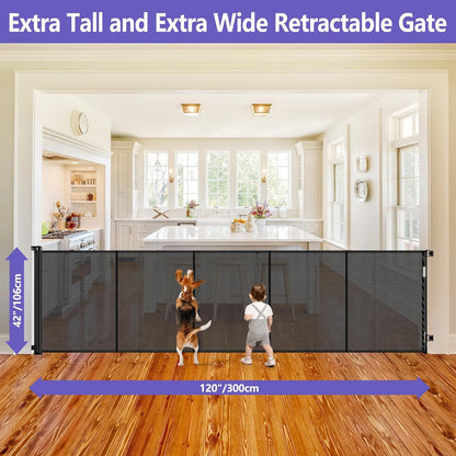 Newly Enhanced - 42" Tall × 120" Extra Wide Retractable Baby Gate Keeps Pets from Getting Under Tall Dog Gate, Indoor/Outdoor Baby Gates for Dogs, Retractable Dog Gate for Large Openings, White