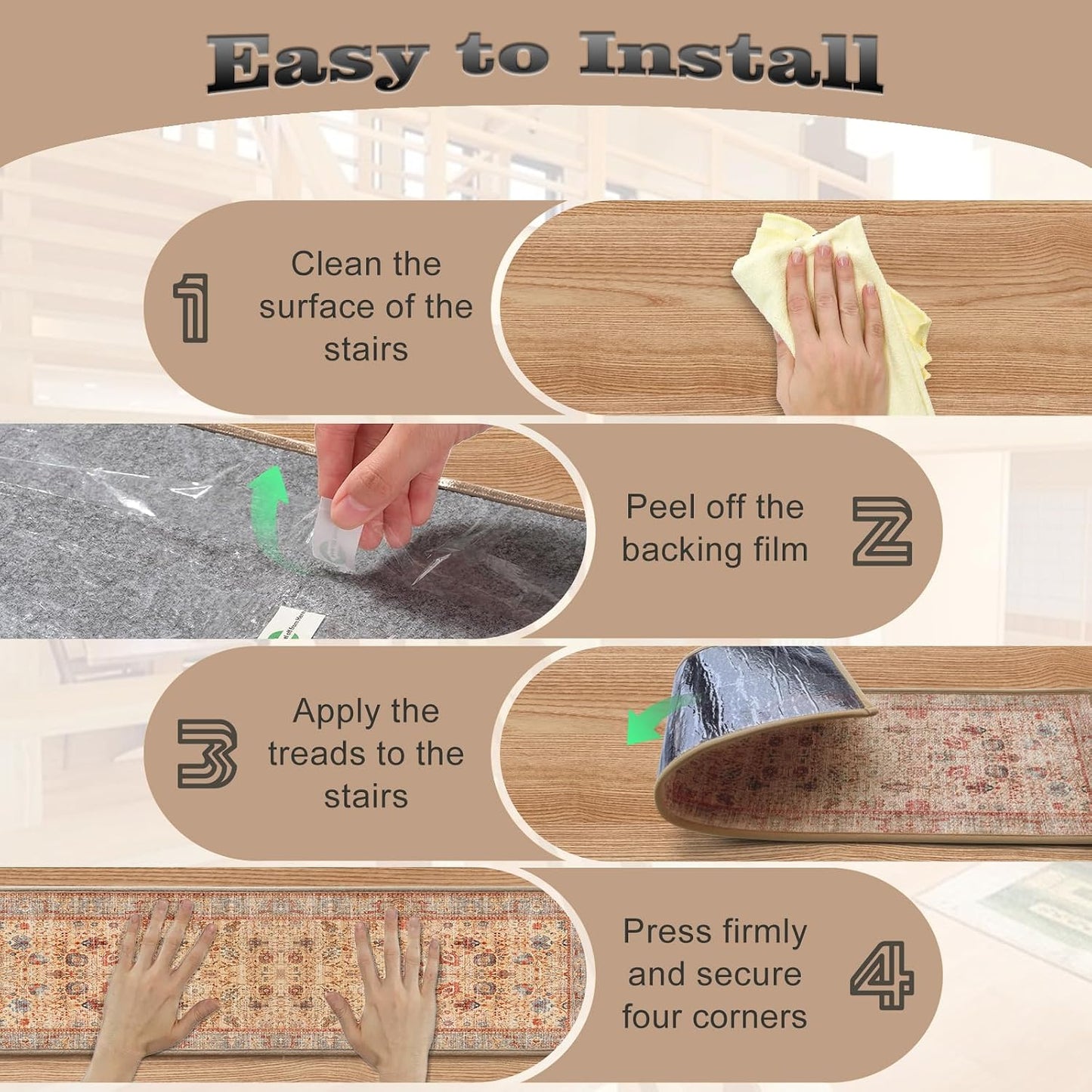 Non Slip Stair Treads for Wooden Steps, 15 Pack 8"x30" Washable Carpet | 8x30 in soft chenille polyester stair treads with reusable TPE backing for indoor wood stairs, dogs, kids, and seniors