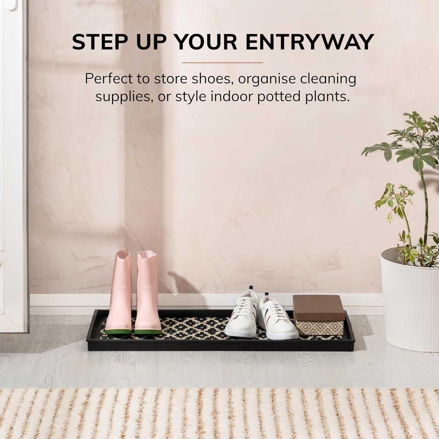 Anji Mountain Heavy Duty Waterproof Rubber Shoe Storage Mat Organizer/Boot Storage Tray Multi Use for Entryway with Coir, Tan Insert, Fits 4 Pair (46.5" Wide)