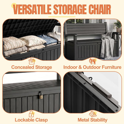 Storage Bench Outdoor Deck Box,100 Gallon Waterproof & UV Resistant Lockable Patio Furniture Seating.Indoor/Outdoor Shoe Storage Cabinet for Garden Cushions,Tools,Patio,Pool Supplies(Black)