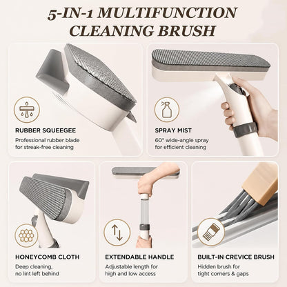 5-in-1 Double-Sided Window Screen Cleaning Brush, Multi-Purpose with Scraper, Built-in Crevice Brush, Extendable Dry & Wet Handle for Home, Office, Car & Porch Screens (Khaki)