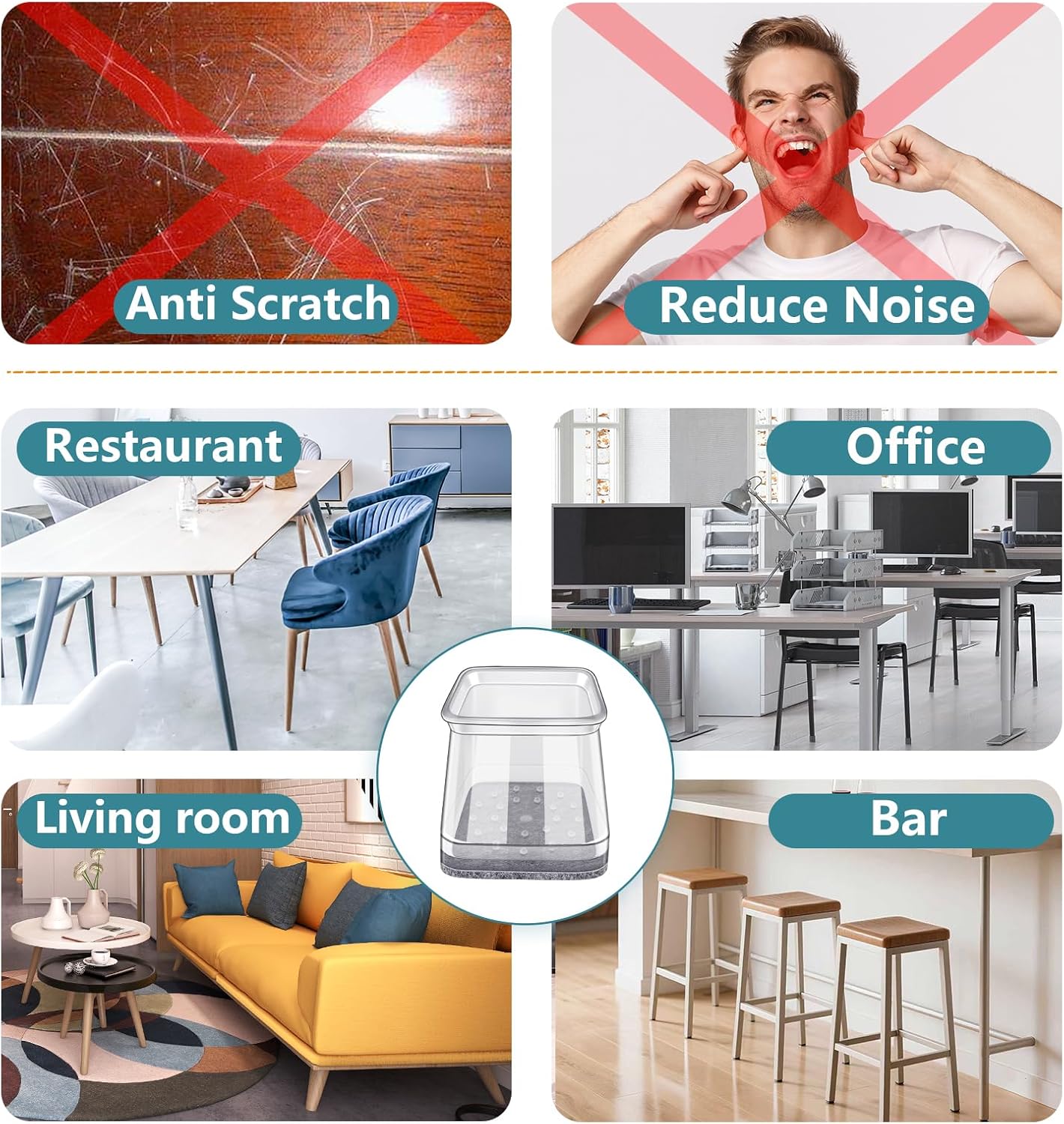 Ansible 24 Pcs Chair Leg Floor Protectors Square, Silicone Felt Furniture Leg Pads Caps Covers for Hardwood Floors (Fit:1-1/16" to 1-5/8")