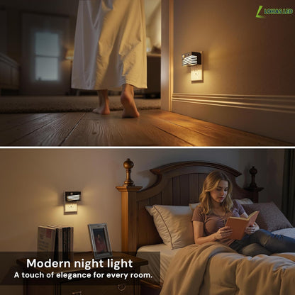 L LOHAS LED Motion Sensor Night Lights, [2 Pack] Dimmable Night Light Plug into Wall with Dusk-to-Dawn Sensor, Adjustable Brightness, 3000K Plug in Nightlight for Bedroom Bathroom Hallway (Black)