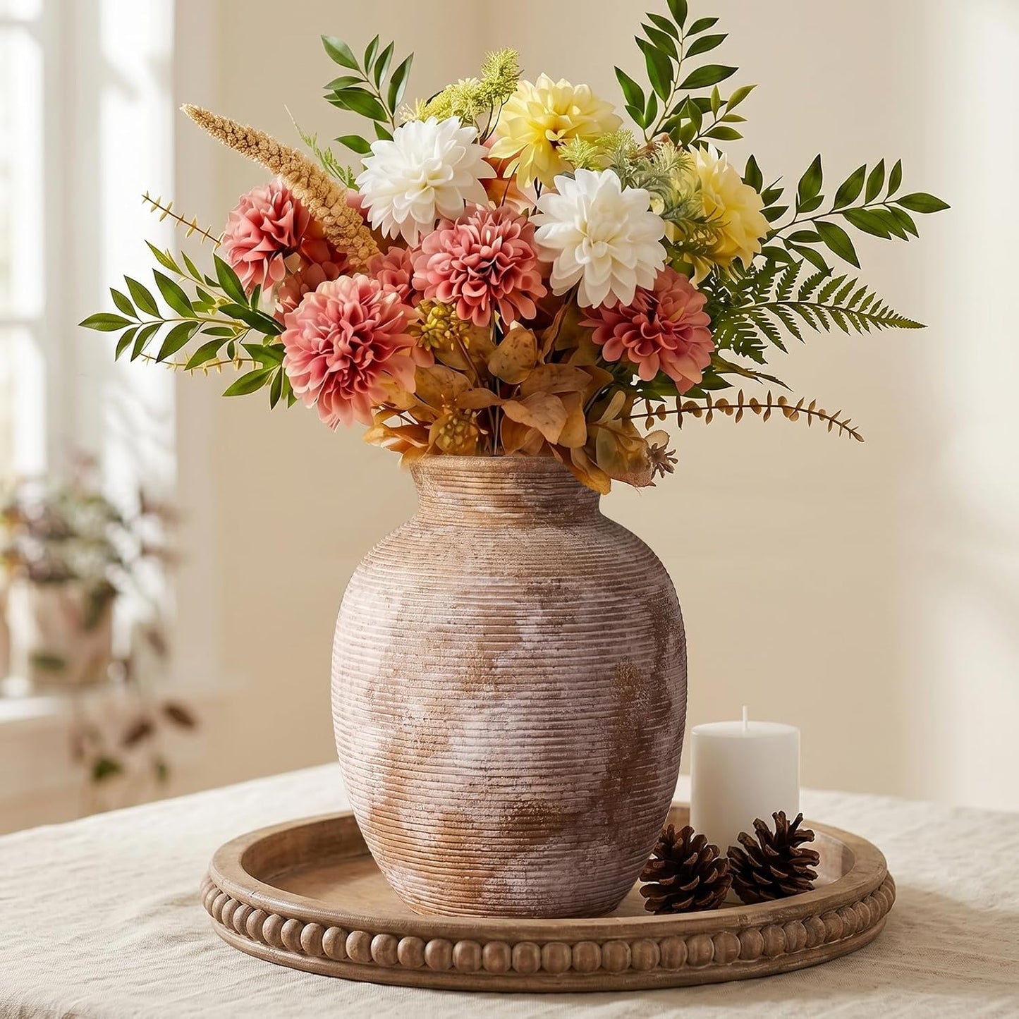 CUCUMI Ceramic Vase Set of 5, Home Decor Farmhouse Décor Handmade Pottery Vases for Pampas Grass, Dried Fresh Flowers, Table, Living Room, Kitchen, Shelf, Entryway Mantel Neutral Tones