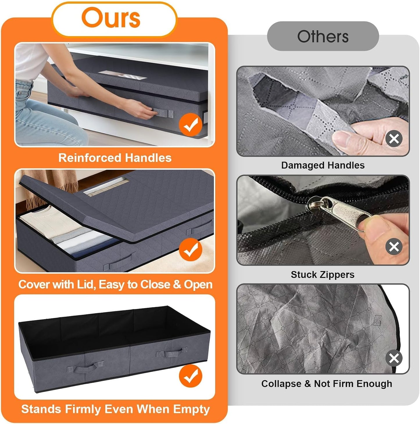 StoreHappily Under Bed Storage Containers with Lids - 2 Pack, Foldable and Stackable Clothes Storage Bags with Clear Window, 3-Sided Handles and Label Slot for Clothing, Blankets, Pillows (Grey)