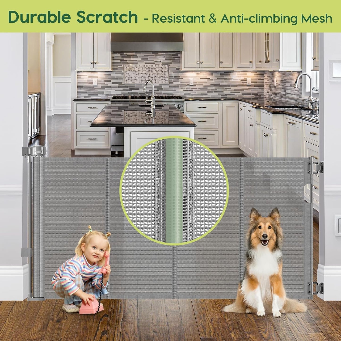 Reinforced 55" Wide Retractable Baby Gates with Reinforced Strips, Indoor/Outdoor Retractable Dog Gate for Doorway Prevent Bottom Drilling Through, No Bottom Bar Safety Mesh Baby Gate for Stair, Black