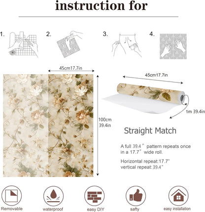 Peel and Stick Wallpaper, Soft Wildflower Botanical Contact Paper, PVC Vinyl Removable Wall Covering, Waterproof Easy-Clean, No Residue Renter Friendly, Neutral Decor, 39.4x17.3 in (Flowers2)