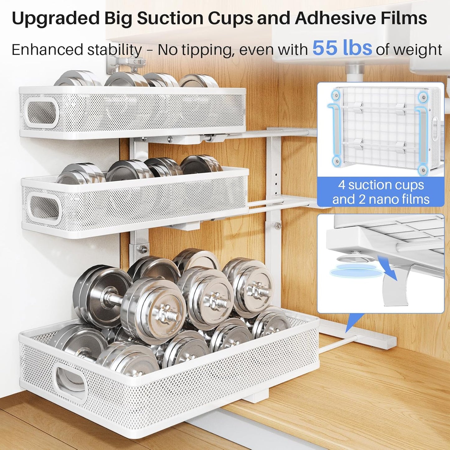 Under Sink Organizer, 2-Pack 3-Tier Thickened Metal Pull out Cabinet Organizer Shelf, Height Adjustable Slide out Storage Drawer Rack for Kitchen Bathroom Pantry Laundry Home Office Organization