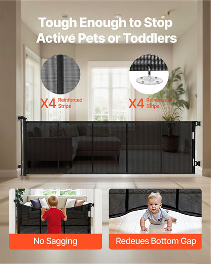 VEVOR Retractable Baby Gate, Extends to 202.7 inch Extra Wide, 39 inch Tall, with Reinforced Fiberglass Strips, Avoids Crawling Through, Mesh Dog Gate for Decks, Doorways, Garages, Indoor, Black