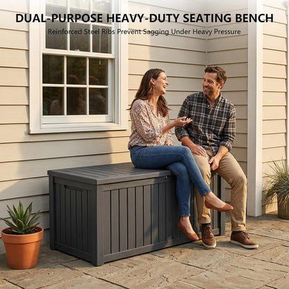 Outdoor Storage Box, 320 Gallon Waterproof Deck Box [Upgraded 3.0], Dual Gas-Spring Ultimate Resin Organizer for King Cushions, Heavy-Duty Lockable Estate Storage Bench, Backyard BBQ, Black
