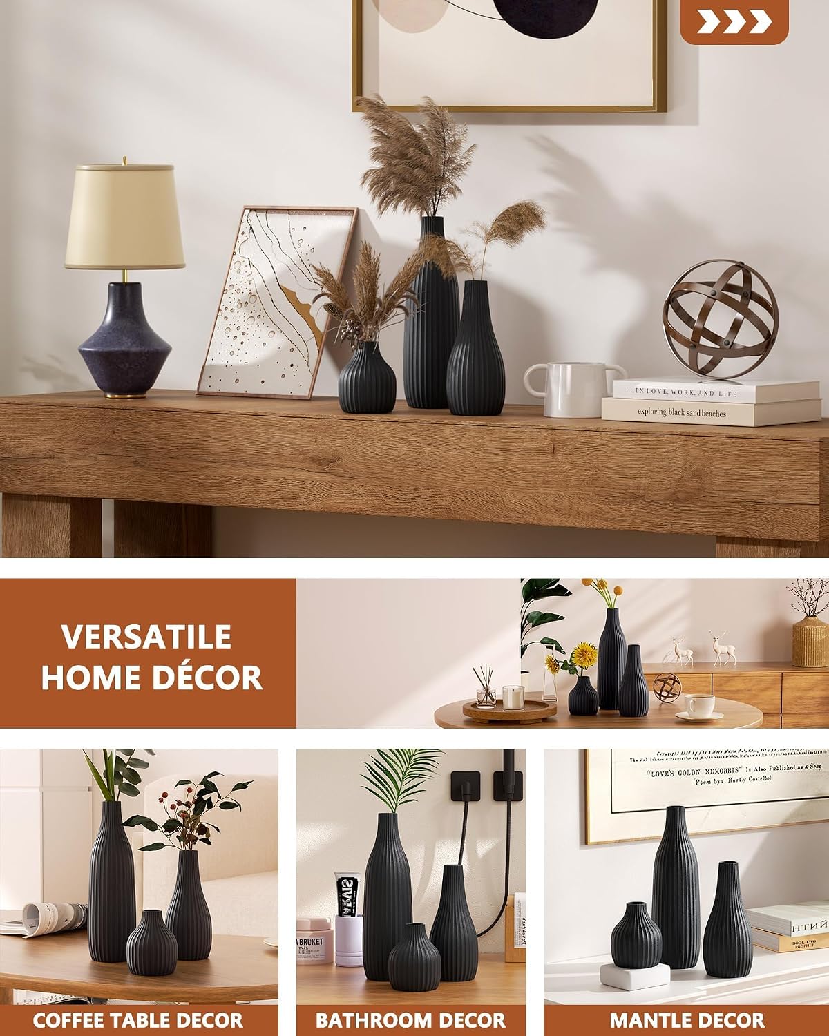 Minimal Line White Ceramic Vase Set of 3 - Modern Nordic Boho Decorative Vases for Home Table Decor, Shelf, Entryway, Coffee Table, Dining Table Centerpiece, Fireplace Mantel - Matte White