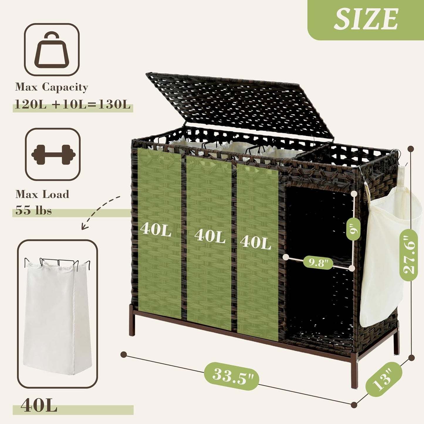 Gitelsnour Laundry Hamper with Lid, 110L (29.1 Gal) Rattan Laundry Hamper 2 Section with 50L (13.2 Gal) Storage Shelf, Wicker Woven Laundry Sorter Basket with 3 Liner Bags and Handles, Brown GLH002BR