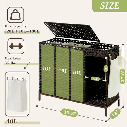 Gitelsnour Laundry Hamper with Lid, 110L (29.1 Gal) Rattan Laundry Hamper 2 Section with 50L (13.2 Gal) Storage Shelf, Wicker Woven Laundry Sorter Basket with 3 Liner Bags and Handles, Brown GLH002BR
