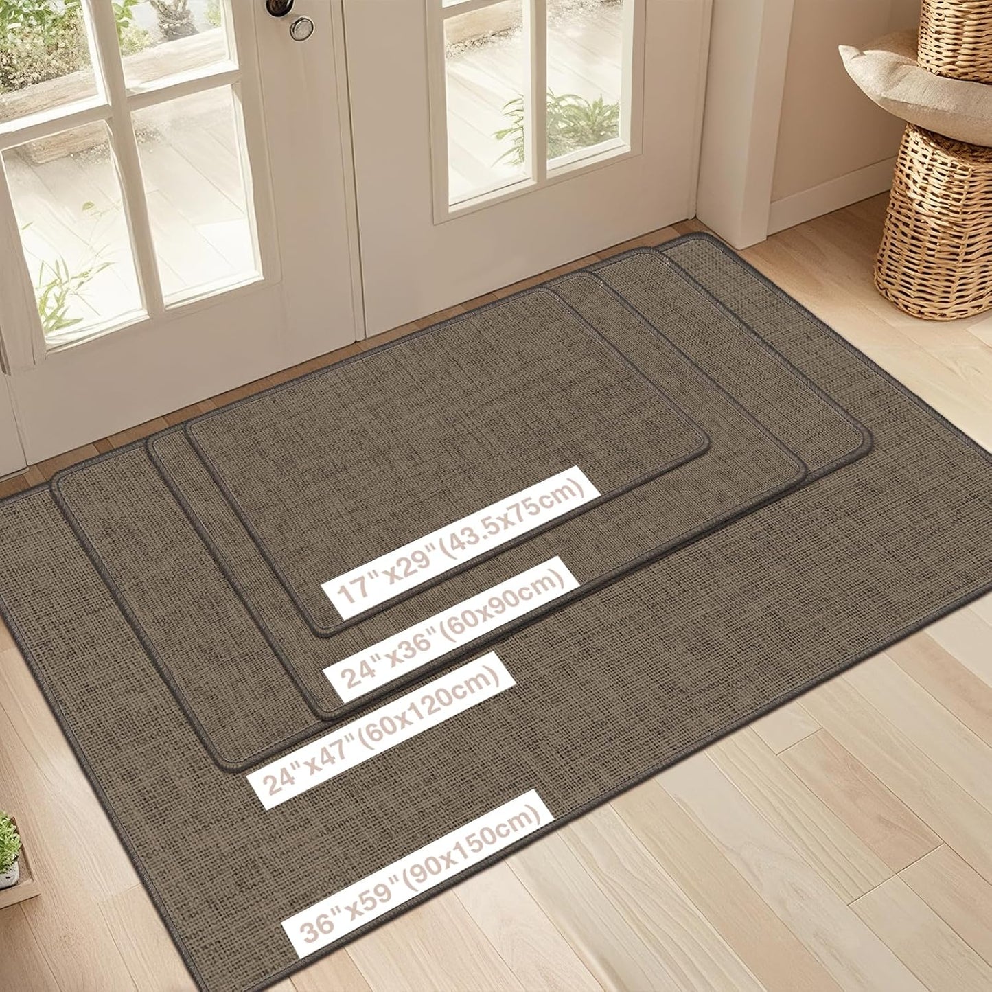 LEKEEPGO Ultra Thin Indoor Door Mat 17"x29", Low-Profile Door Mat Indoor Entrance, Non Slip Rubber Backing Inside Doormat Washable Welcome Front Entryway Dirt Trapper Entry Mat, Khaki