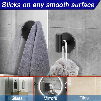 Bntuk Wall Towel Hooks, Adhesive Hooks for Coat Waterproof Shower Hooks, Sticky Hanger Hook for Hanging Coat, Clothes, Robe, Towel Hooks for Bathroom Glass Window - 2 Pack, Black
