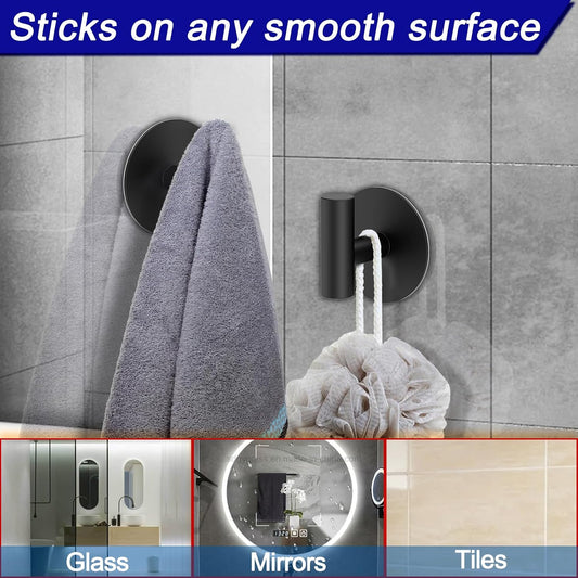Bntuk Wall Towel Hooks, Adhesive Hooks for Coat Waterproof Shower Hooks, Sticky Hanger Hook for Hanging Coat, Clothes, Robe, Towel Hooks for Bathroom Glass Window - 2 Pack, Black