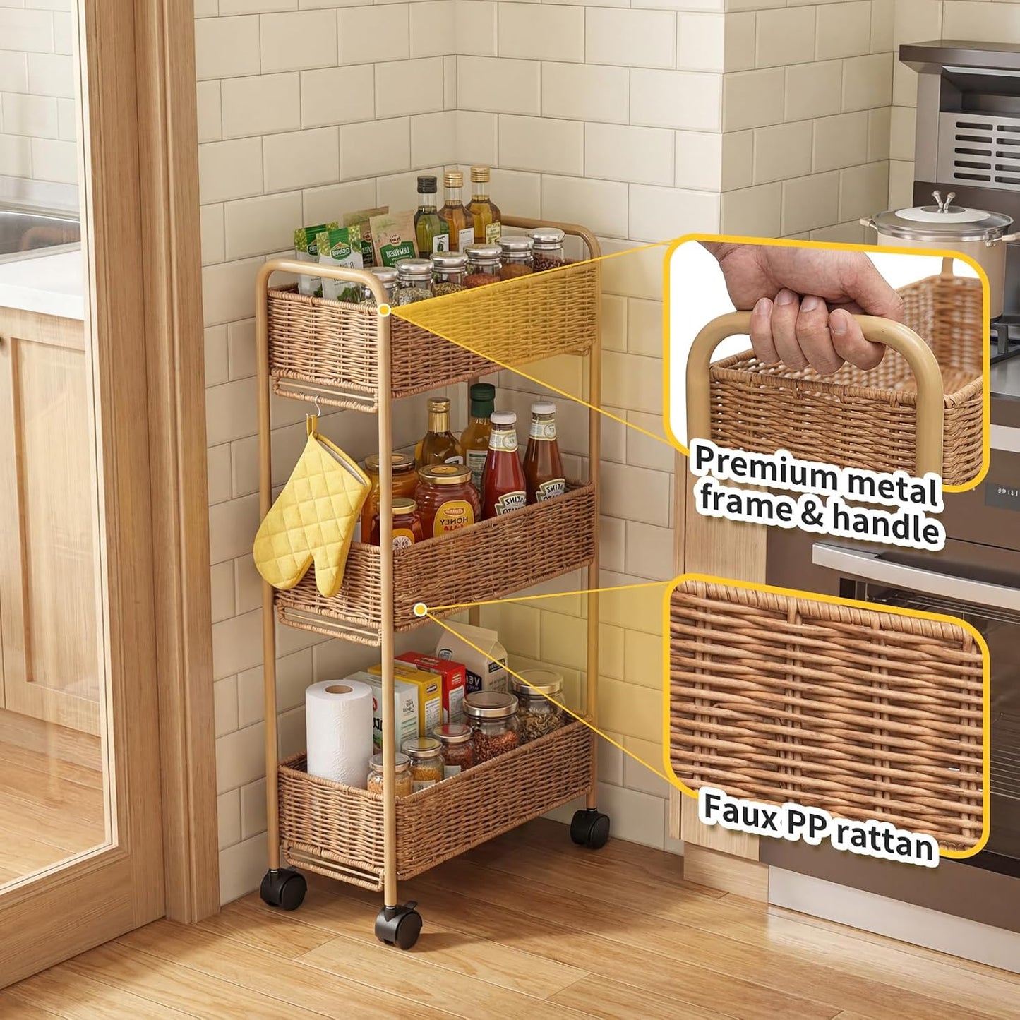 FOCHIER F Utility Slim Storage Cart,3-Tier Rolling Kitchen Office Laundry Room Cart,Mobile Shelving Unit Organizer for Living Room Bathroom Baby Diaper Narrow Places (Black, 3 Tiers-7.1 inch (W))