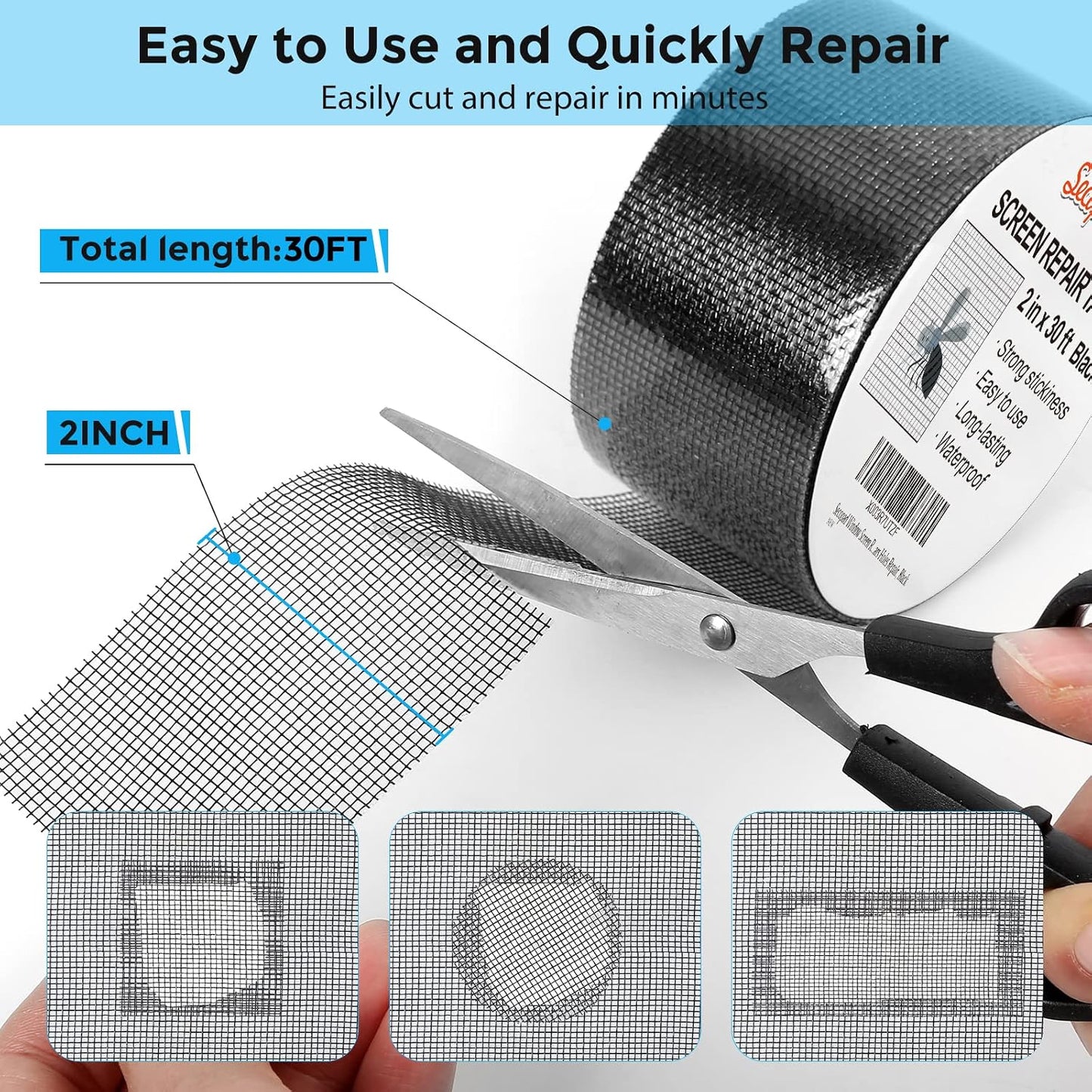 Secopad Black Window Screen Repair Tape, 4 in X 20 FT (240IN) Kit for Windows or Doors, Strong Adhesive Patch Fiberglass Mesh Repair