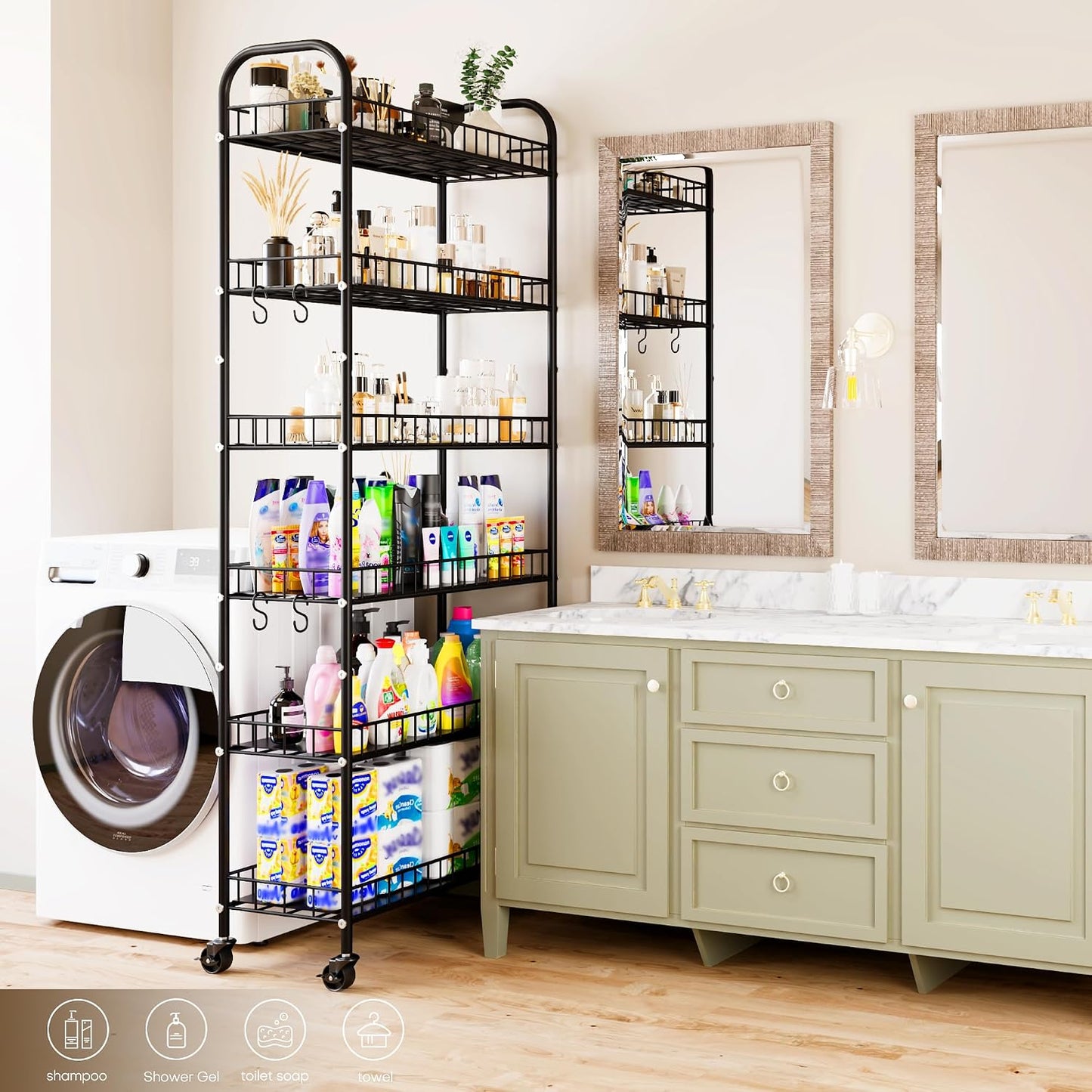 6-Tier Slim Storage Cart, Rolling Kitchen Cart with Wheels | Narrow Metal Shelf Organizer with Hooks for Kitchen, Bathroom, Living Room, Laundry, Small Spaces, Black, 6 in