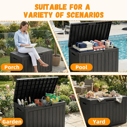 ROJIK 55Gal Outdoor Storage Box Waterproof Deck Box | Heavy-duty UV-resistant resin, space-saving for balcony/patio, stores cushions/tools/pool gear, lockable lid as table/bench