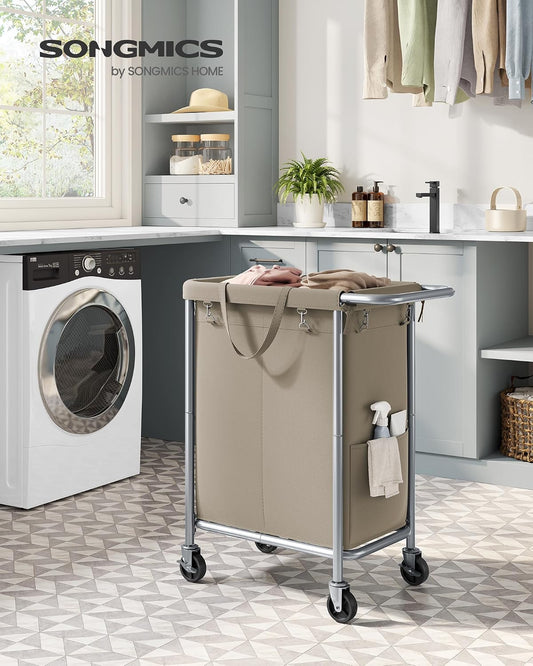 SONGMICS Laundry Basket with Wheels, 3-Section Rolling Laundry Hamper, 52.8 Gallons (200 L), Removable Liner, Steel Frame with Handle, 35.8 x 15.4 x 31.9 Inches, Cream White URLS005W01