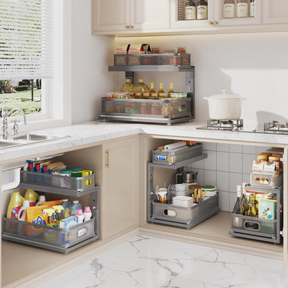 2 Pack 18.5IN-Depth Under Sink Organizer With Next-Gen Ball-Bearing Slides,2-Tier Precision Mesh Pull Out Cabinet Storage for Bathroom&Kitchen,Height Adjustable Drawers Shelf,Anti-rust-White
