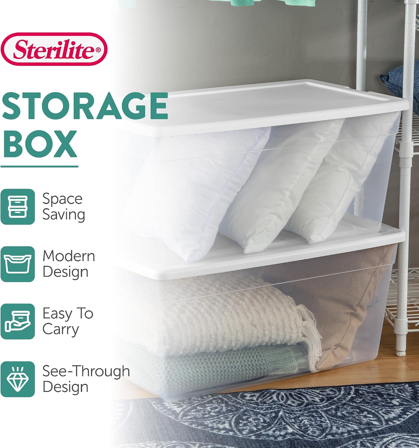Sterilite 6 Pack Storage Box, 41 Quart Stackable Tote, Clear Plastic Container with Secure Snapping White Lids for Home and Office Organization