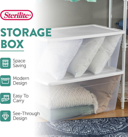 Sterilite 6 Pack Storage Box, 41 Quart Stackable Tote, Clear Plastic Container with Secure Snapping White Lids for Home and Office Organization