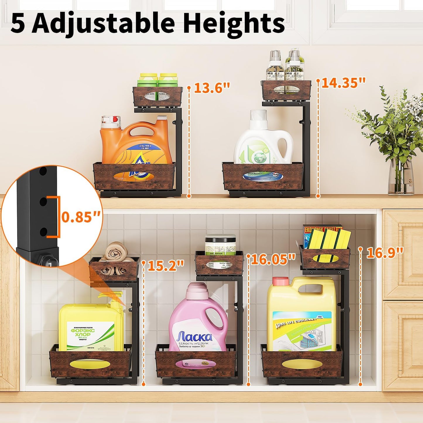 2-Tier Under Sink Organizer with Wooden Drawer Handle, 2 Pack Adjustable Height Pull Out Cabinet Organizer Shelf,Slide out Storage Drawer Rack for Kitchen Bathroom Laundry Room Pantry (Black)