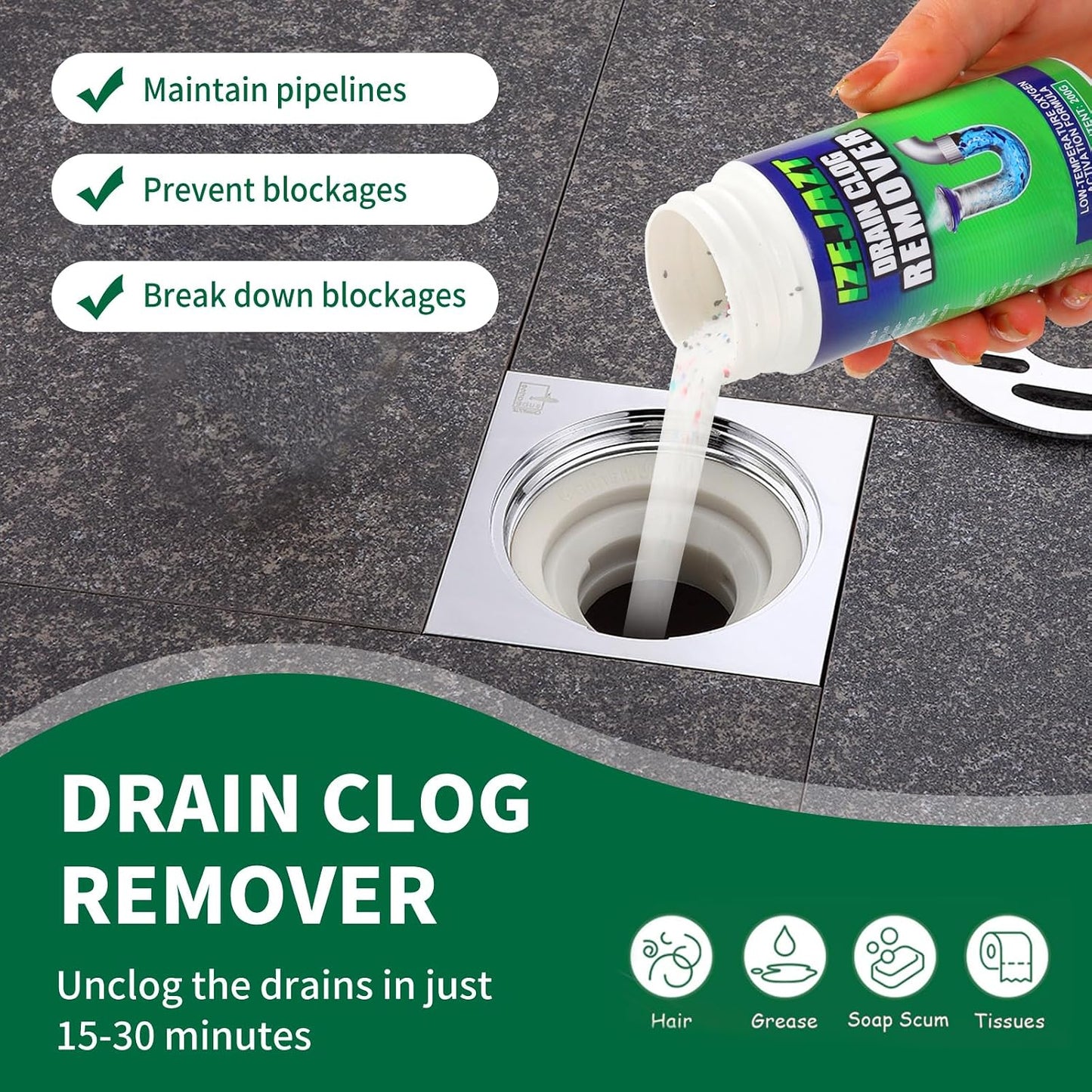 Drain Clog Remover Powder - Fast Acting Formula for All Drains, Kitchen, Bathroom, Sink & Shower - 100% Effective to Eliminate Hair, Grease, and Blockages - [1Pack ]
