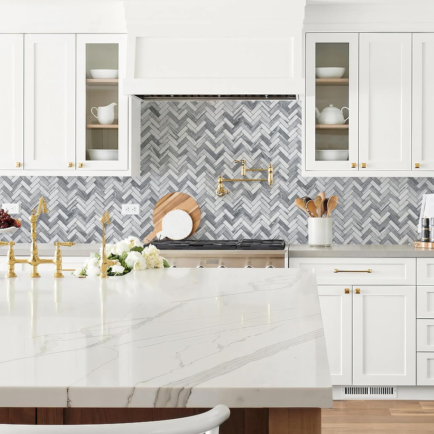 STICKGOO 10 Sheets Herringbone Peel and Stick Backsplash, Stick on Aluminum Composite PVC Kitchen Backsplash, Marble White Mixed Light Grey Look Self Adhesive Wall Tiles