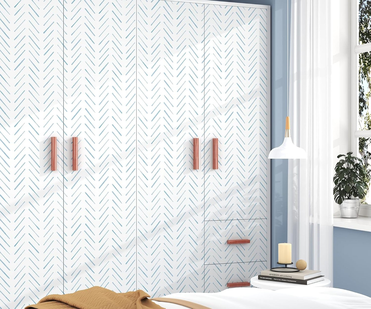 Herringbone Wallpaper Peel and Stick Wallpaper Blue and White Modern Wall paper 17.3"x78.8" Adhesive Wallpapers Boho Removable Contact Paper Decorative for Bedroom Bathroom Cabinets Decor Vinyl Roll