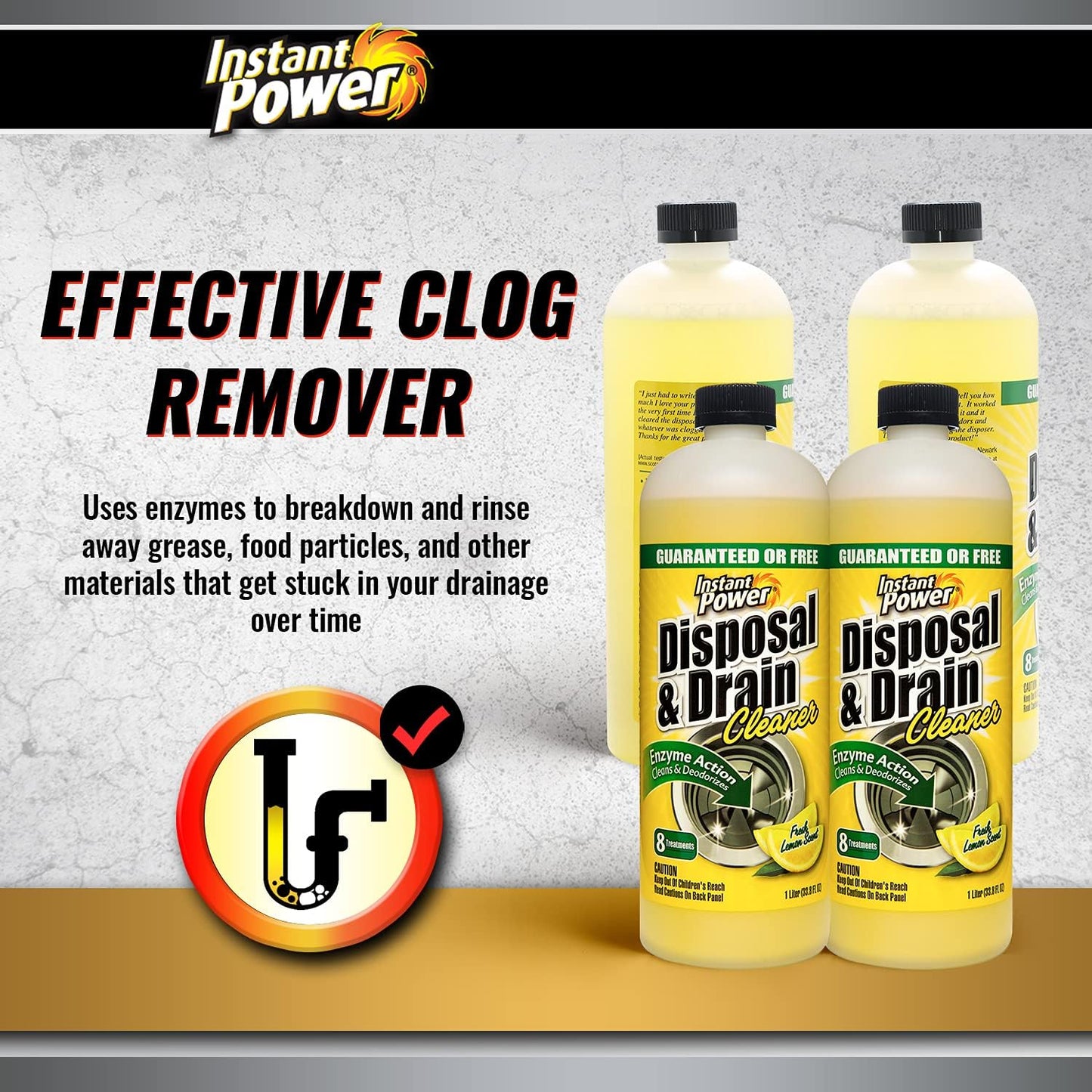 Instant Power Disposal and Drain Cleaner – Liquid Enzyme Clog Remover, Cleans and Deodorizes, Removes Drain Blockages, Fresh Lemon Scent, 33.8 Fl oz, 1 Liter