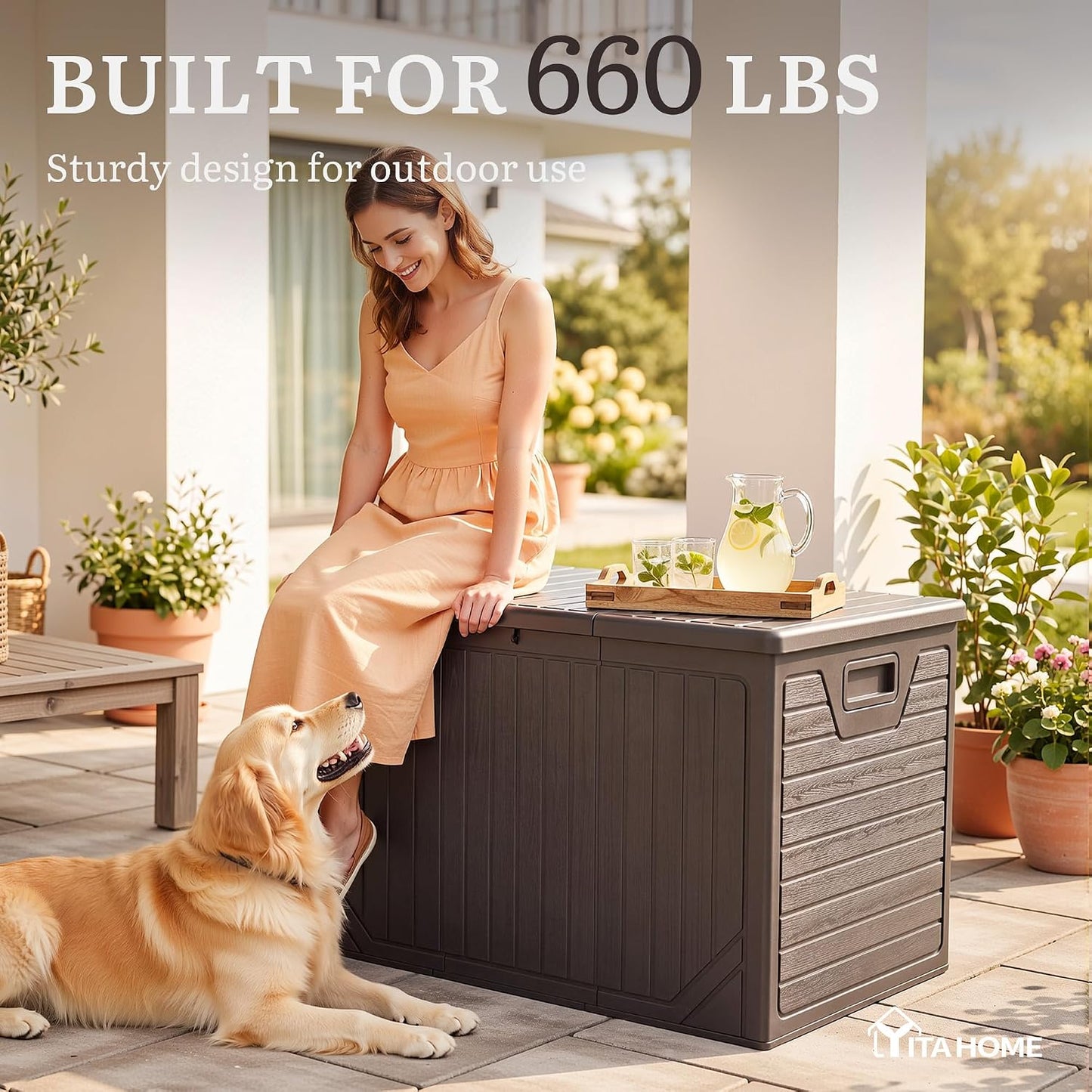 YITAHOME 100 Gallon Large Outdoor Deck Box | Waterproof Resin Storage Box, Lockable Indoor Outdoor Storage Container for Patio Furniture Cushions, Pool Accessories