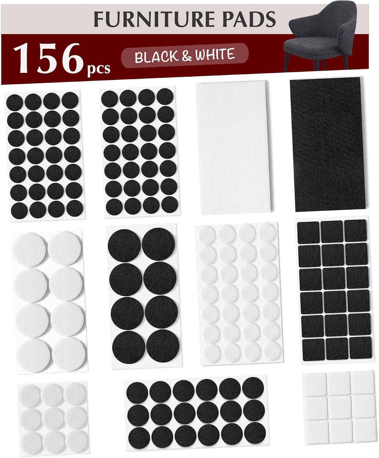 Felt Furniture Pads - Chair Leg Floor Protectors for Hardwood Floors - Felt Pads for Furniture - Furniture Sliders - Furniture Legs - 156 pcs - Black