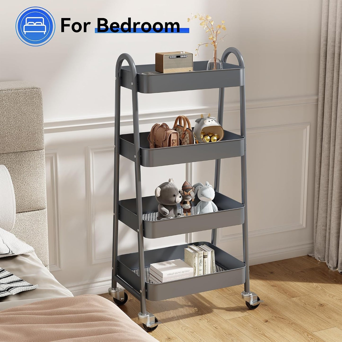 OLIXIS Metal 4 Tiers Utility Rolling Cart, Mobile Storage Shelf with Lockable Caster Wheels, Organization for Livingroom, Bathroom, Kitchen, & Narrow Places, 4-Tier Green