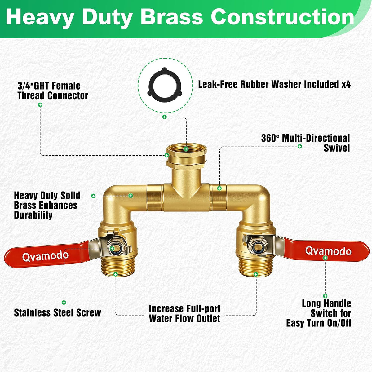 Garden Hose Splitter 3/4" GHT Full Flow 2 Way Brass Hose Splitter Heavy Duty All Metal Hose Y Splitter with Shutoff Outdoor Faucet Water Hose Splitter Y Valve Tap Adapter for Outdoor Garden