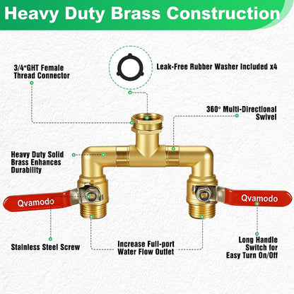 Garden Hose Splitter 3/4" GHT Full Flow 2 Way Brass Hose Splitter Heavy Duty All Metal Hose Y Splitter with Shutoff Outdoor Faucet Water Hose Splitter Y Valve Tap Adapter for Outdoor Garden