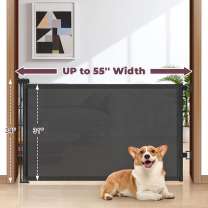 Retractable Baby Gate for Stairs & Doorways, Mesh Dog Gate Indoor Outdoor, Extends to 55" Wide 34" Tall Child Gate for Hallways, Deck, Porch, Pet Toddler Safety Essentials, Easy Install, Grey