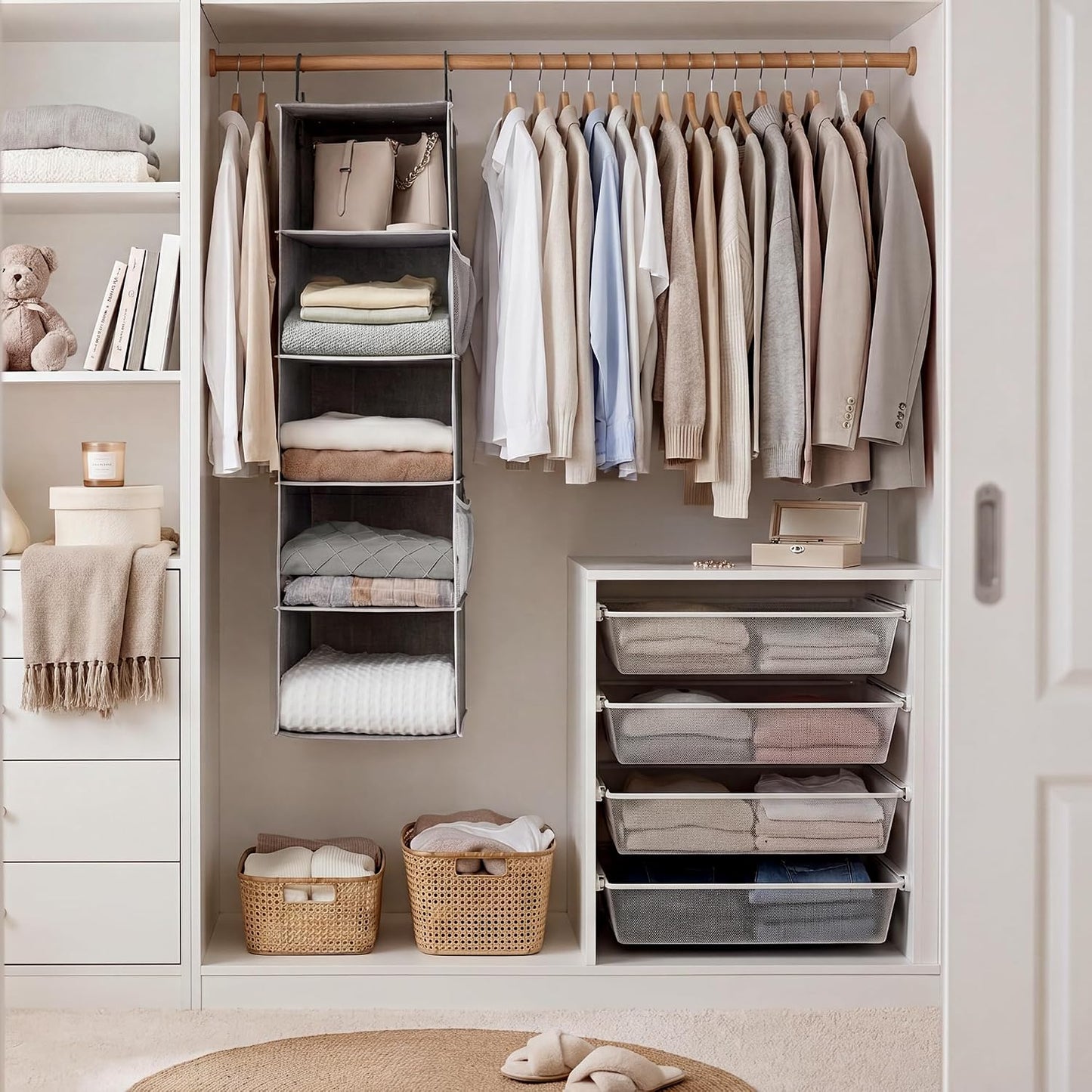 StorageWorks 6-Shelf Hanging Closet Organizer, Hanging Shelves for Closet, Fabric, Mixing of Beige, White & Ivory, 12" D x 12" W x 47 1⁄2" H