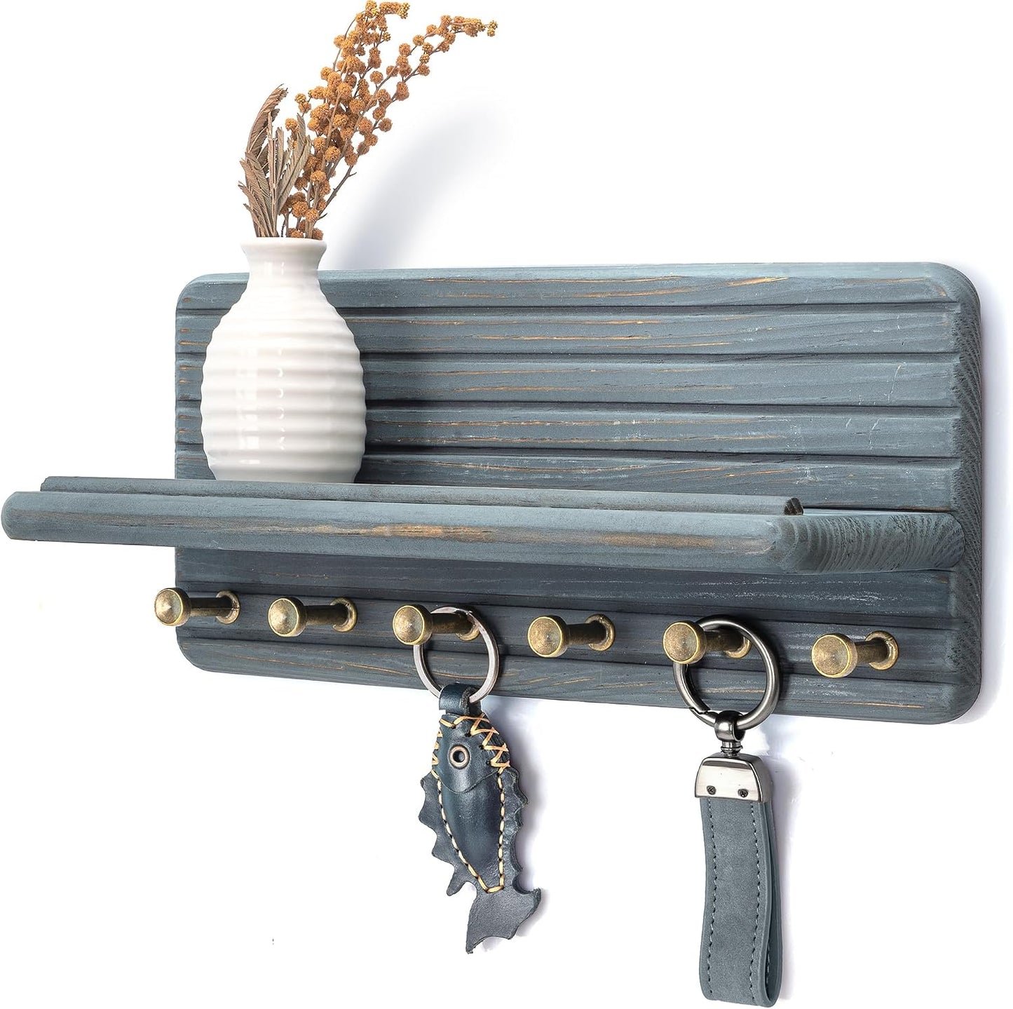 Rebee Vision Farmhouse Key Holder Wall Mount for Home Decor – Decorative Pine Wooden Key Holder for Wall with 6 Hooks & Floating Shelf - Rustic Charm for Room Decor Aesthetic (Brown)