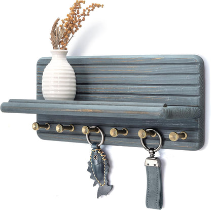 Rebee Vision Farmhouse Key Holder Wall Mount for Home Decor – Decorative Pine Wooden Key Holder for Wall with 6 Hooks & Floating Shelf - Rustic Charm for Room Decor Aesthetic (Brown)