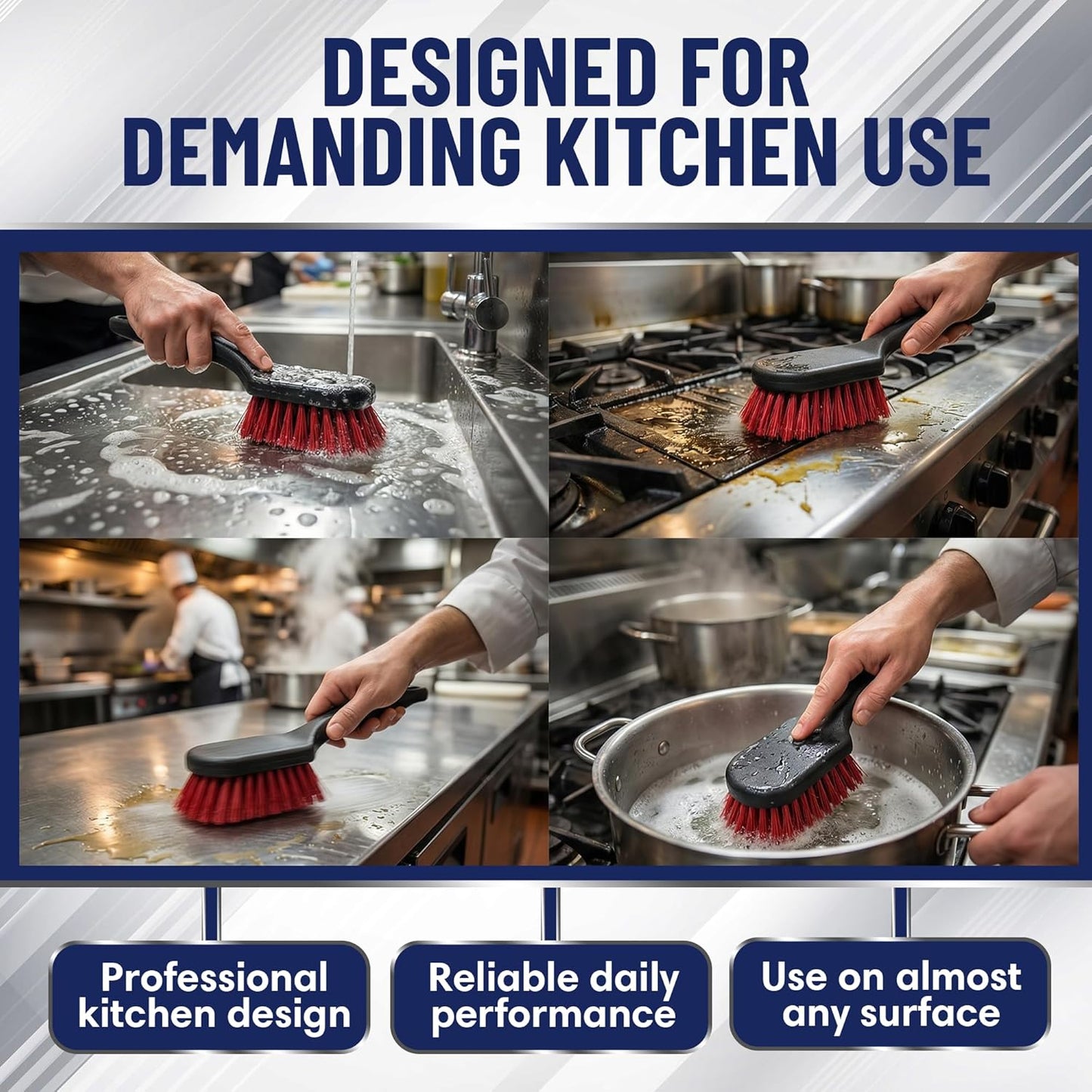 8 Inch Pot & Dish Kitchen Scrub Brush for Heavy-Duty Cleaning – Stiff Bristle Scrubber for Sink, Cast Iron, and Grill Grates - Kitchen Dish Scrubber Brush - 90048 by FryOilSaver Co.